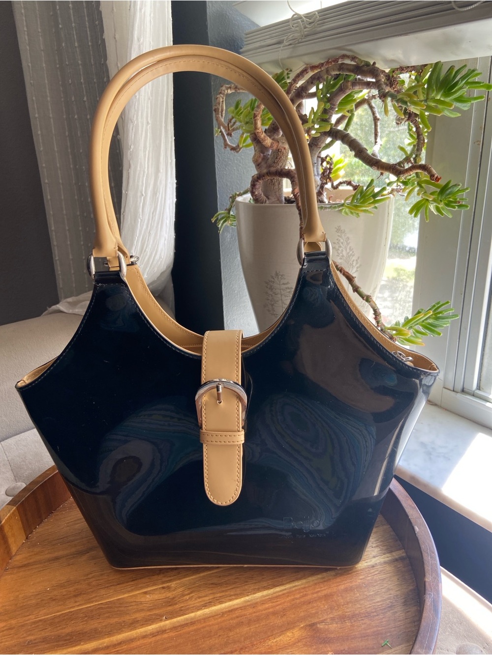 Beijo Black Patent Shoulder Bag with Tan Trim